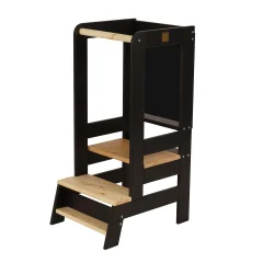 Lesena učna stolpica MeowBaby® Montessori, črna s naravnimi elementi in ploščo