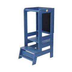 Lesena učna stolpica MeowBaby® Montessori Kitchen Helper, modra s črnim stolom