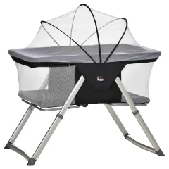 HOMCOM Camping Cot 2-v-1 z zibalno posteljo, zložljiva otroška posteljica z vzmetnico in mrežo proti komarjem, starost 0-6 mesecev, 59x55x67/69cm, črna