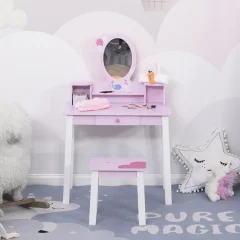 HOMCOM Lesena otroška toaletna mizica z ogledalom in stolčkom, roza