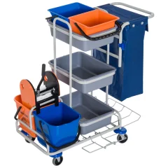 HOMCOM Profesionalni večnamenski voziček za čiščenje s 4 vedri na kolesih platnena torba 118 × 73 × 103 cm