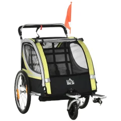 HOMCOM Kolesarska prikolica za 2 otroka 2 v 1, voziček z varnostnimi pasovi, odsevniki in zastavo, rumena