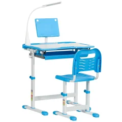 HOMCOM Šolska pisalna miza s stolom za otroke od 6 do 12 let z nastavljivo višino, 45° nagibnim vrhom in svetilko LED, jeklo in MDF, modra