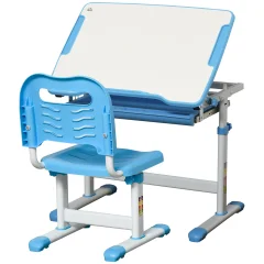 HOMCOM šolska pisalna miza z nastavljivo višino stola za otroke od 6 do 12 let, predal in 45° nagibna plošča, jeklo in MDF, modra