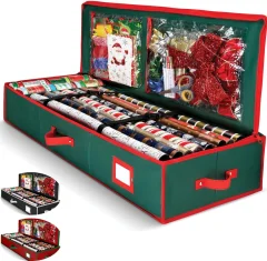 Škatla za shranjevanje vrhunskih darilnih ovojov, vrečka za shranjevanje iz božičnega ovojnega papirja s praktičnim žepom za božične dodatke, drži do 24 zvitkov, velika škatla za shranjevanj