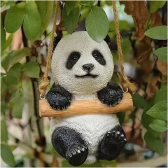 Outdoor decoration statue statue decoration living room outdoor simulated animal resin, cute black and white panda swinging on bamboo creative statue as garden decoration
