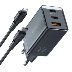 GaN Mcdodo CH-1544 omrežni polnilnik, 2x USB-C, 1x USB, 67 W + kabel USB-C za USB-C (črn)