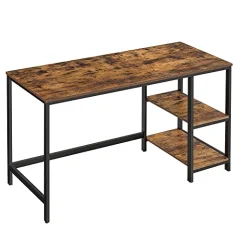 Računalniška miza, miza z 2 policama na levi ali desni strani, delovna miza za pisarniško dnevno sobo, jeklen okvir, industrijska, rustikalno rjava in črna LWD55X