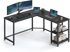Računalniška miza, kotna miza v obliki črke L, 138 x 138 x 76 cm, igralna miza, delovna postaja z 2 odlagalnima policama za domačo pisarno, prihranek prostora, enostavna montaža, črna z leso