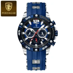 POEDAGAR 912 modni kronograf moške ure: Vodoodporen, svetleč datum, silikonski trak, kvarčna eleganca za moške Blue-Silver