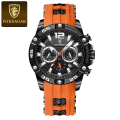 POEDAGAR 912 modni kronograf moške ure: Vodoodporen, svetleč datum, silikonski trak, kvarčna eleganca za moške Orange-Black