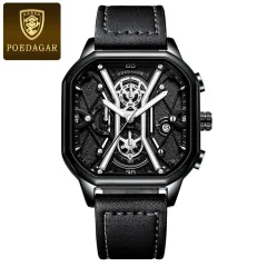 POEDAGAR 922 Moški Chronograph kvadratni Watch: Združitev elegance in natančnosti pri merjenju časa Leather Black