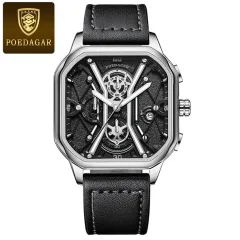 POEDAGAR 922 Moški Chronograph kvadratni Watch: Združitev elegance in natančnosti pri merjenju časa Leather Silver