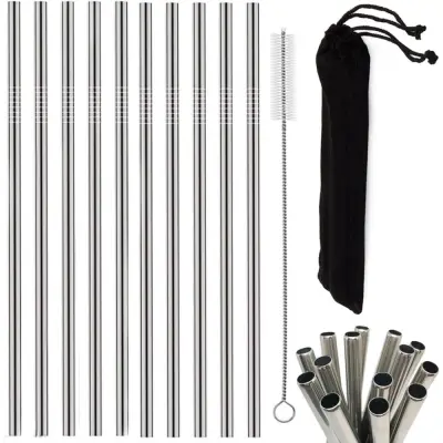 Set 10 inox ravnih kovinskih slamic za večkratno uporabo + krtačka