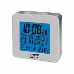LCD budilka s termometrom z radijsko vodeno uro srebrna