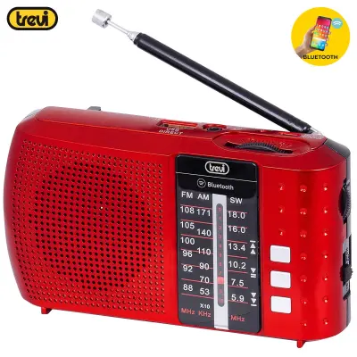 TREVI RA 7F20 prenosni radio FM/AW/SW, Bluetooth, MP3, USB/MicroSD, polnilna baterija, rdeč