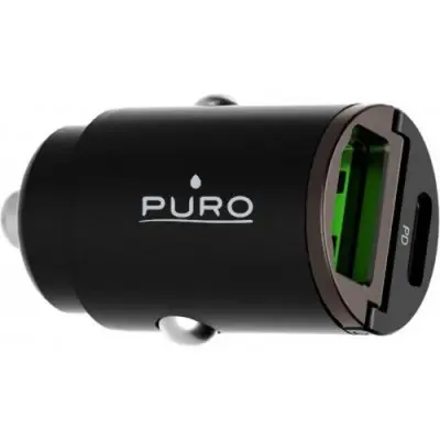 PURO, Mini avtomobilski polnilec z dvojnim USB A C PD 30 W, ?rna