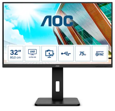 Monitor AOC 80 cm (31,5") U32P2 3840x2160 75Hz VA 4ms DVI 2xHDMI DisplayPort 4xUSB3.2 Pivot Zvočniki  3H