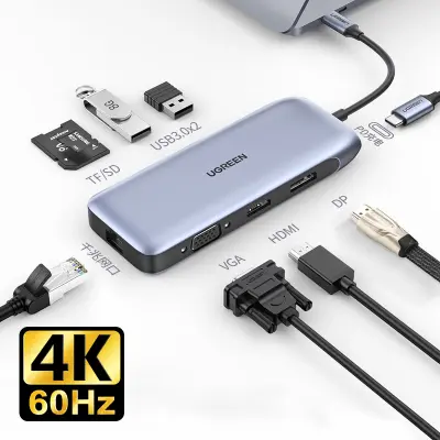UGREEN USB-C Hub 9v1 4K HDMI, 4K DP, VGA, RJ45, 2xUSB 3.0, MicroSD