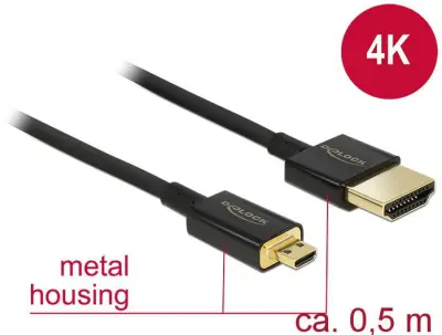 Delock HDMI priključni kabel HDMI-A  vtič\, HDMI-mikro-D  vtič 0.50 m črna 84788 #####4K UHD\, pozlačeni konektorji HDMI kabel