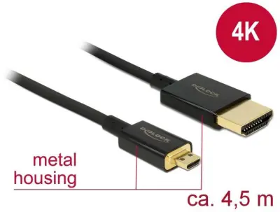 Delock HDMI priključni kabel HDMI-A  vtič\, HDMI-mikro-D  vtič 4.50 m črna 84785 #####4K UHD\, pozlačeni konektorji HDMI kabel