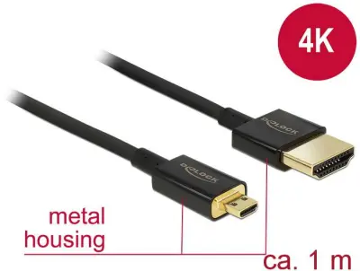 Delock HDMI priključni kabel HDMI-A  vtič\, HDMI-mikro-D  vtič 1.00 m črna 84781 #####4K UHD\, pozlačeni konektorji HDMI kabel