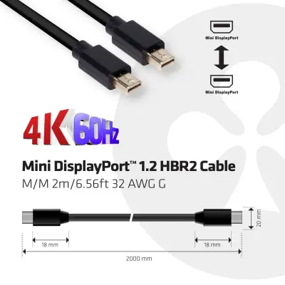 club3D Mini-DisplayPort priključni kabel mini DisplayPort  vtič\, mini DisplayPort  vtič 2.00 m črna CAC-2161 ognjevaren DisplayPort kabel