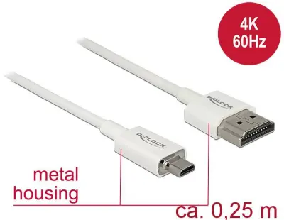 Delock HDMI priključni kabel HDMI-A  vtič\, HDMI-mikro-D  vtič 0.25 m bela 85147 #####4K UHD\, pozlačeni konektorji HDMI kabel