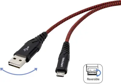 TOOLCRAFT USB kabel USB 2.0 USB-A vtič, USB-C vtič 2.00 m črna/rdeča izredno robusten pleteni plašč, primeren za obojestranski priključek TO-6872829