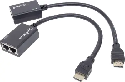 Manhattan HDMI Cat5e/Cat6 Extender, razširja 1080p signal na 30m, vgrajen HDMI kabel, brez napajalnika HDMI podaljšek prek omrežnega kabla RJ45 Manhat