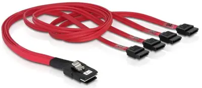 Priključni kabel za trdi disk [1x mini SAS vtič (SFF-8087) - 4x SATA vtič 7 pinski] 0.50 m rdeče barve Delock