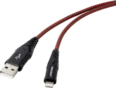 Toolcraft povezovalni kabel USB 2.0 [1x vtič USB 2.0 A - 1x strela] 1,00 m črno-rdeče odporen proti solzam, izjemno robusten, odseven TOOLCRAFT USB ka