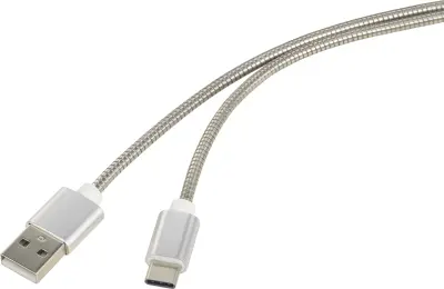 Renkforce kabel [1x moški konektor USB 2.0 tipa A - 1x moški konektor USB-C] 0.5 m srebrna kabelski plašč iz nerjavečega jekla Renkforce USB kabel USB
