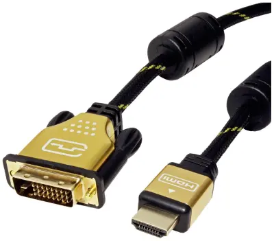 Roline DVI / HDMI priključni kabel DVI-D 24+1-polni vtič\, HDMI-A  vtič 1.00 m črna\, zlata 11.04.5890 zaščiten\, lahko se privije DVI kabel