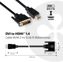 club3D DVI / HDMI adapterski kabel DVI-D 24+1-polni vtič\, HDMI-A  vtič 2.00 m črna CAC-1210 ognjevaren DVI kabel