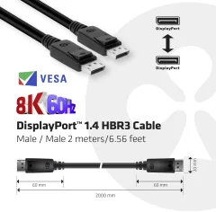 club3D DisplayPort priključni kabel DisplayPort  vtič\, DisplayPort  vtič 2.00 m črna CAC-2068 ognjevaren\, Ultra HD (8K) DisplayPort kabel