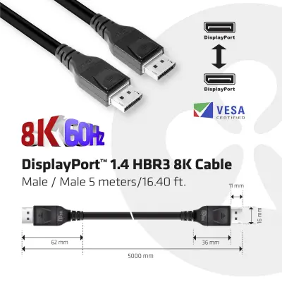 club3D DisplayPort priključni kabel DisplayPort  vtič\, DisplayPort  vtič 5.00 m črna CAC-1061 #####8K UHD DisplayPort kabel