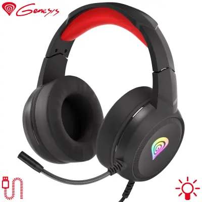 GENESIS NEON 200 STEREO 2.0, RGB LED osvetlitev, pleten USB kabel, gaming slušalke z mikrofonom črno/rdeče