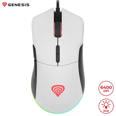 GENESIS Krypton 290, RGB osvetlitev, 7 prog. tipk, 6.400dpi, spomin, aplikacija, gaming optična miška belo/črna