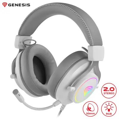 GENESIS NEON 750 STEREO 2.0, RGB LED osvetlitev, pleten USB kabel, gaming slušalke z mikrofonom bele