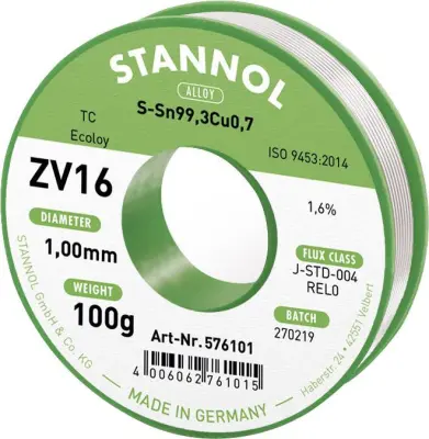 Stannol mehka spajkalna žica ZV16 v zlitini TC Sn99Cu1 z 1,6% pretoka 1,0mm v premeru na 100 g tuljave Stannol ZV16 spajkalna žica, neosvinčena neosvi