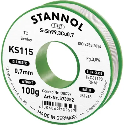 Stannol KS115 spajkalna žica\, neosvinčena tuljava Sn99\,3Cu0\,7 100 g 0.7 mm Neosvinčena žica za spajkanje Stannol KS115 SN99Cu1 100 g 0.7 mm