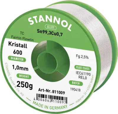 Stannol mehka spajkalna žica Kristall 600 v zlitini Flowtin TC Sn99Cu1 z 2,5% pretoka 1,0mm premera na 250 g koluta Stannol Kristall 600 Fairtin spajk
