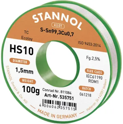 Stannol HS10 2510 spajkalna žica\, neosvinčena tuljava Sn99\,3Cu0\,7 ROM1 100 g 1.5 mm