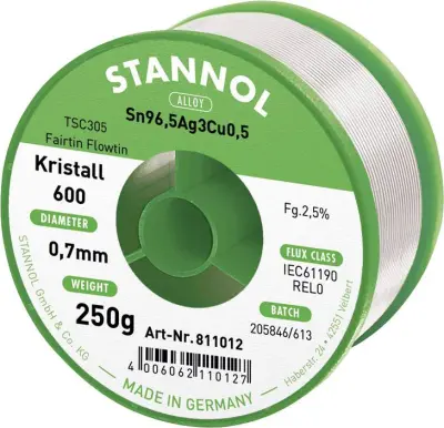Stannol mehka spajkalna žica Kristall 600 v zlitini Flowtin TSC305 z 2,5% pretoka 0,7mm s premerom na 250 g koluta Stannol Kristall 600 Fairtin spajka