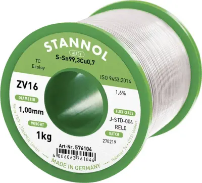 Stannol žica za mehko spajkanje ZV16 iz zlitine TC Sn99Cu1 z 1,6% pretoka 1,0mm na premeru 1000mm Stannol ZV16 spajkalna žica, neosvinčena neosvinčeni