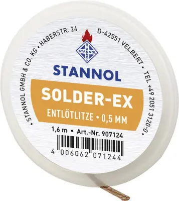 Spajkalna žica Stannol (žica za spajkanje) Spajka-Ex širina 0,5 mm, vsebnost koluta 1,6 m Stannol Solder-Ex odspajkalna pletenica Dolžina 1.6 m