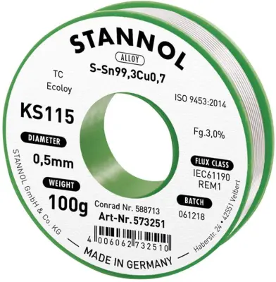 Stannol KS115 spajkalna žica\, neosvinčena tuljava Sn99\,3Cu0\,7 100 g 0.5 mm Neosvinčena žica za spajkanje Stannol KS115 SN99Cu1 100 g 0.5 mm