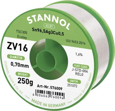 Stannol žica za mehko spajkanje ZV16 iz zlitine TSC305 z 1,6% pretoka 0,7mm s premerom na 250 g koluta Stannol ZV16 spajkalna žica, neosvinčena neosvi
