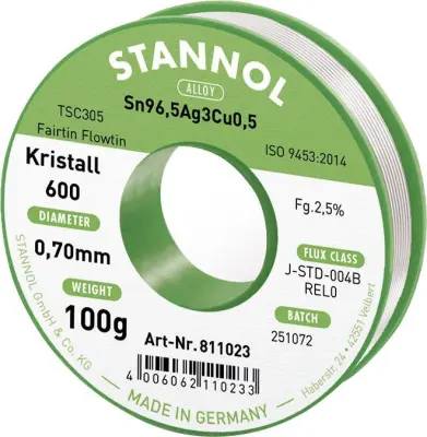 Stannol mehka spajkalna žica Kristall 600 v zlitini Flowtin TSC305 z 2,5% pretoka 0,7mm s premerom na 100 g tuljave Stannol Kristall 600 Fairtin spajk